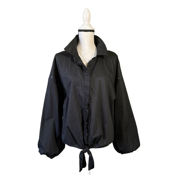 INC Women’s Black Long Sleeve Button Down Ruffled Tie Front Casual Dress Shirt - Picture 1 of 2